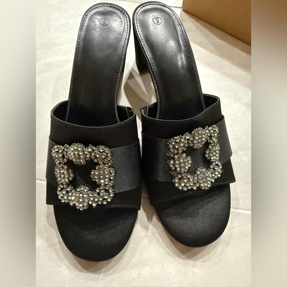 Women's Shoes Black Slide Heels Satin Rhinestone. New In Box Size 9 - Picture 1 of 8